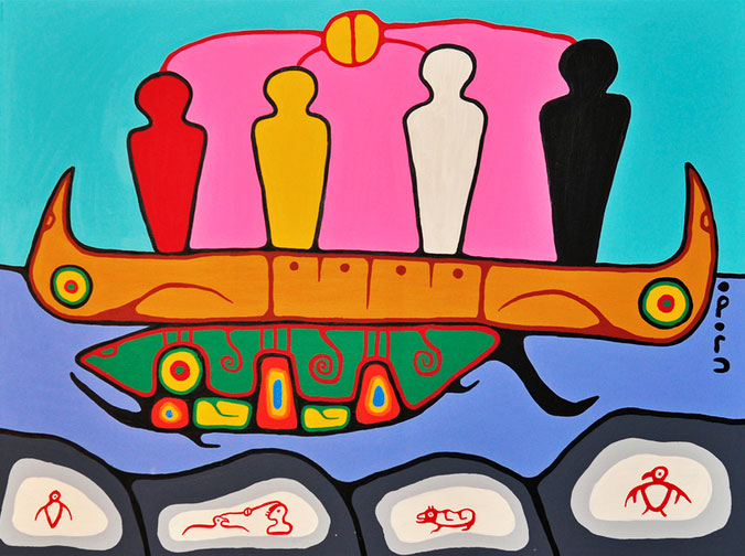 A depiction of the Four Spiritual Grandfathers standing in a canoe on the back of a sea creature.
