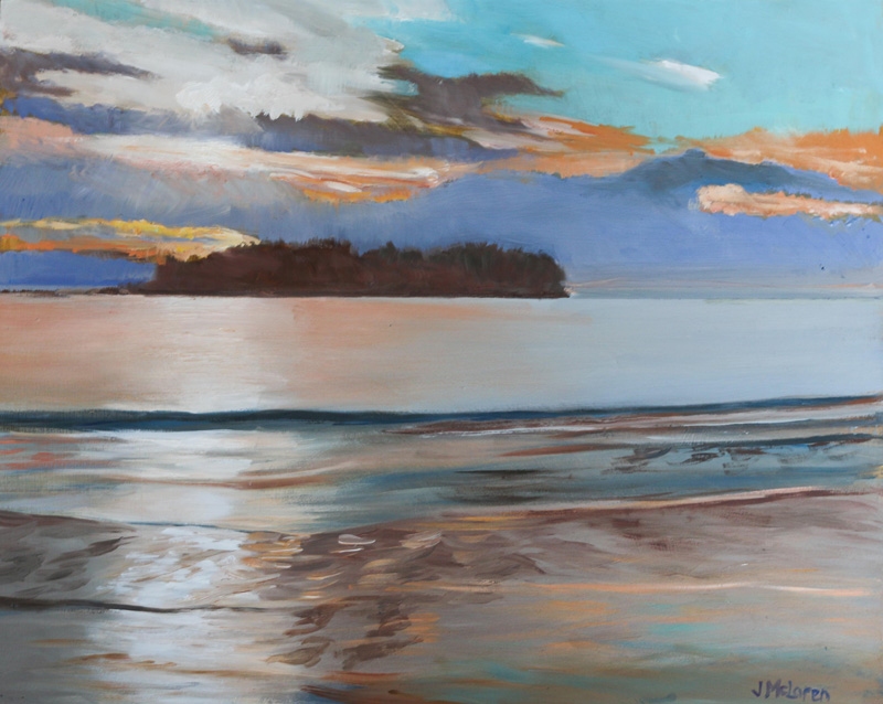 This painting depicts an island in distance with a sunset and serene waters