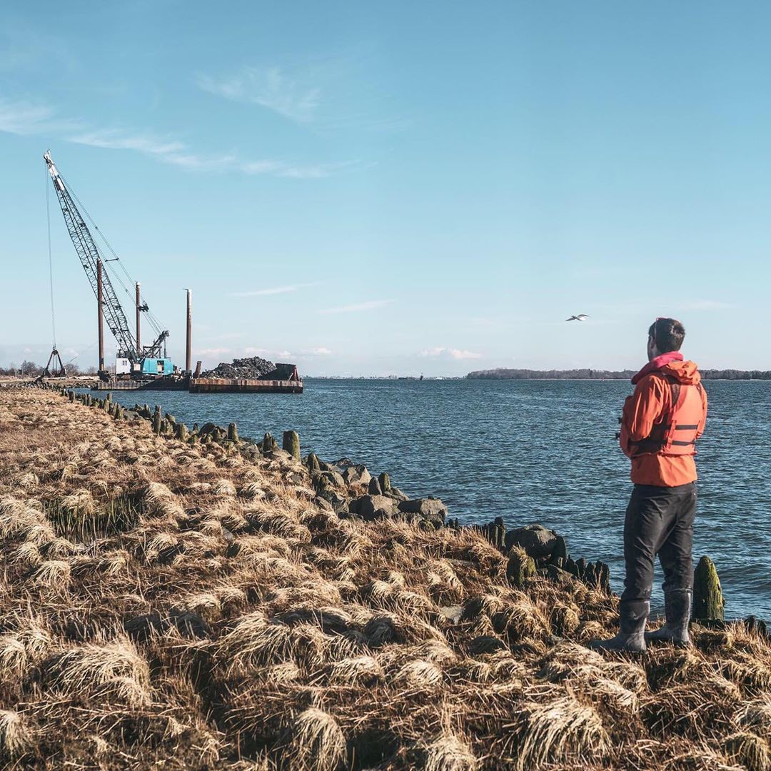 Raincoast scientist in red jacket watches crane work from the shore