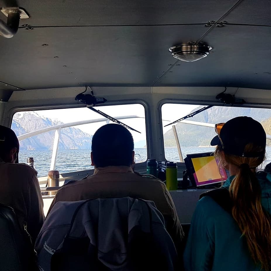 Heads and shoulders of three people visible from the back in a boat cockpit