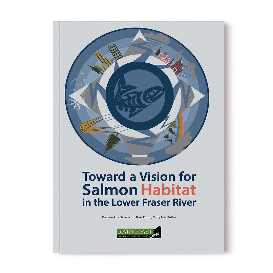 Cover art for the report with report title Towards a Vision for salmon habitat in the Lower Fraser River in text under a circle in shades of blue with a smaller circle containing a salmon and the larger ring of the outer concentric circle containing buildings and ecosystem aspects