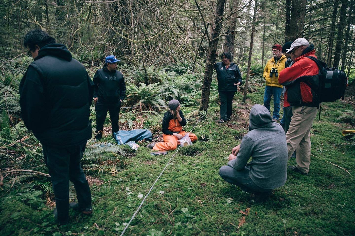 About half a dozen scientists stand or sit around a wire strung across the forest to collect bear hair and samples in the Great Bear Rainforest.