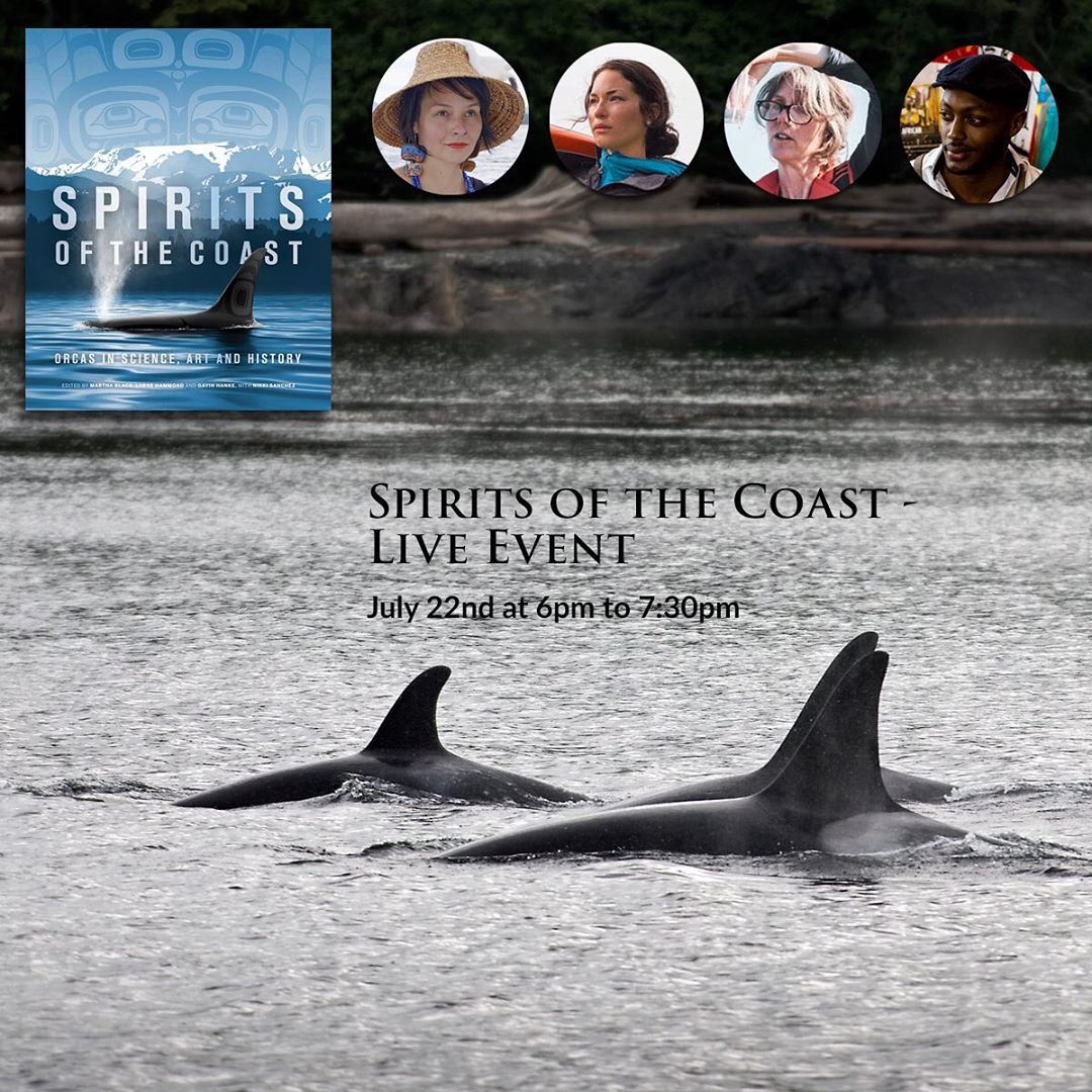 Flier advertising Spirits of the Coast panel discussion with a picture of two orcas back and fins visible side by side in grey ocean waters