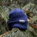 A blue, high quality, toque with a Raincoast Conservation Foundation label sits on a tree branch.