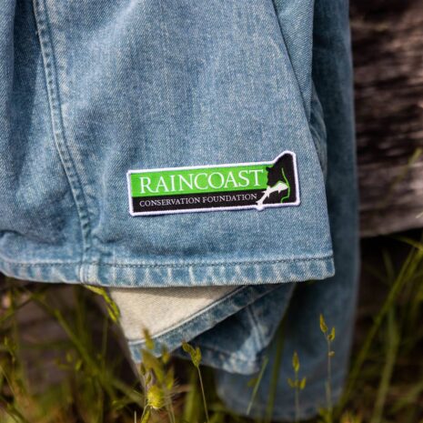 A Raincoast Conservation Foundation patch of the Raincoast logo rests on the bottom of a denim pant leg or maybe a skirt.
