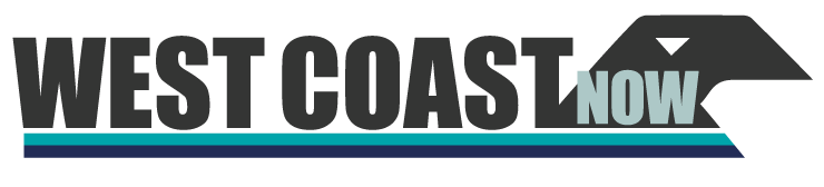 West Coast Now logo, dark grey with light blue highlights. Includes a wave symbol that looks like a bird's head.