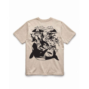 Killer whales, wolves, and habitat in a black illustration on an off-white sand colour t-shirt.