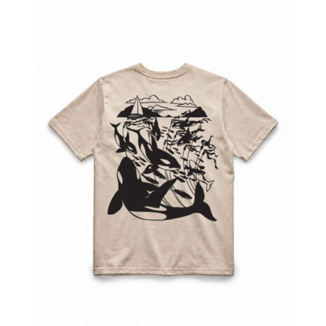 Killer whales, wolves, and habitat in a black illustration on an off-white sand colour t-shirt.