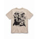 Killer whales, wolves, and habitat in a black illustration on an off-white sand colour t-shirt.