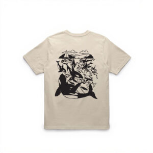Killer whales, wolves, and habitat in a black illustration on an off-white sand colour t-shirt.