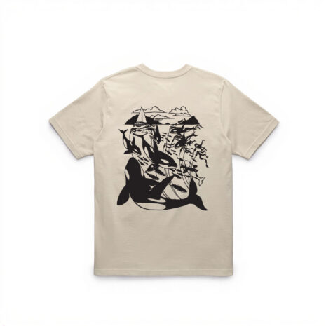 killler-whale-tee-back-v1.0 Killer whales, wolves, and habitat in a black illustration on an off-white sand colour t-shirt.